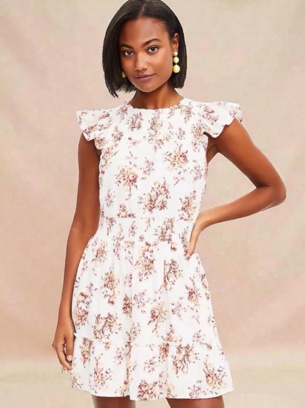 LOFT Floral Smocked Ruffle Flare Dress in white and coral. Size large.